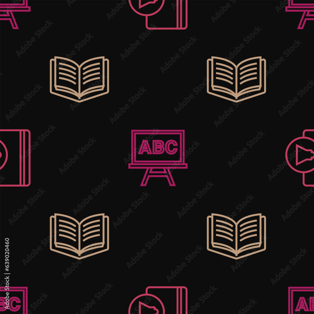 Poster set line audio book, open and chalkboard on seamless pattern. vector