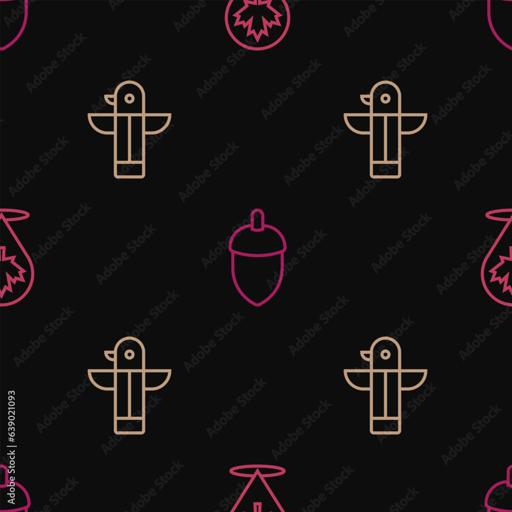 Poster set line canadian maple leaf, totem pole and acorn on seamless pattern. vector