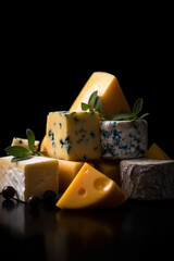 Cheese board on black background. Generative AI.