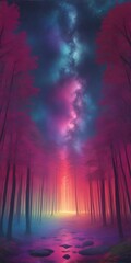 Deep forest landscape with specttrum burst sky. AI generated illustration