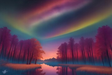 Deep forest landscape with specttrum burst sky. AI generated illustration