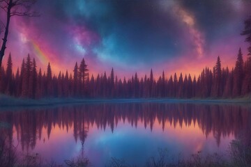 Fototapeta premium Deep forest landscape with specttrum burst sky. AI generated illustration