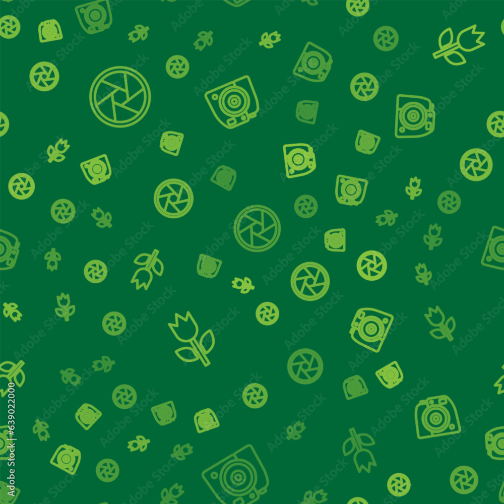 Poster set line camera shutter, photo mode macro and camera on seamless pattern. vector