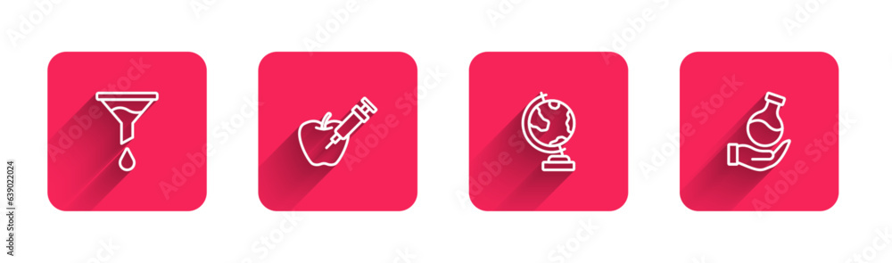 Poster set line funnel or filter, genetically modified apple, earth globe and test tube with long shadow. r