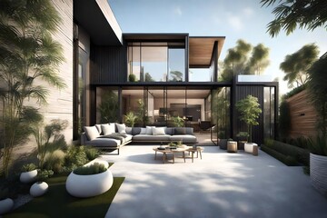  a sophisticated 3D modern home exterior seamlessly integrated with a small garden.