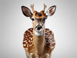 Portrait of a young whitetail deer isolated on gray background. Deer with big antlers standing. 3d illustration