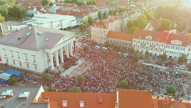 Aerial view of crowds celebrating Lithuanian Statehood Day, Vilnius, Lithuania