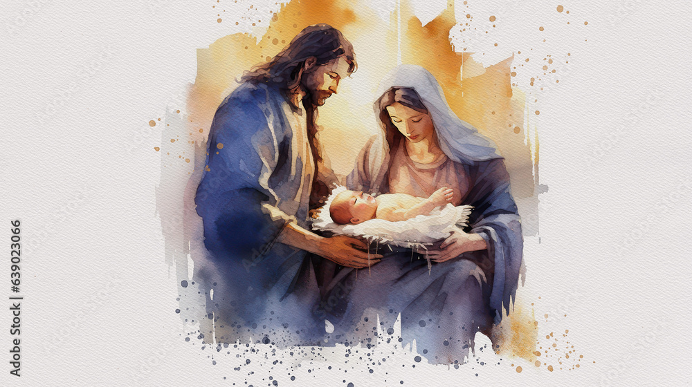 Wall mural holy family nativity scene, watercolor, generative ai