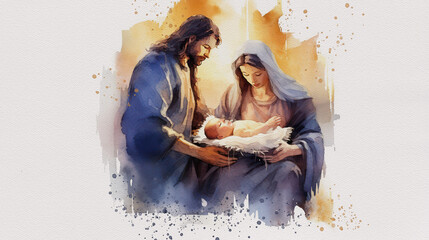 Holy Family nativity scene, watercolor, generative ai - obrazy, fototapety, plakaty