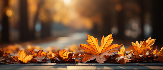 Naklejka na ściany i meble fall or autumn background table with maple leaf