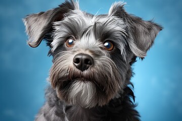 Portrait of a cute mixed breed dog on a blue background.