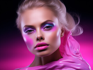 Fototapeta premium Beauty woman face painted in pink color paint, pink makeup
