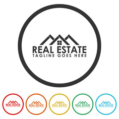 Real estate logo icon template. Set icons in color circle buttons