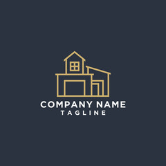 REAL ESTATE HOME BUILDING LOGO DESIGN FOR COMPANY AND BUSINESS GOLD COLOR BLUE BACKGROUND