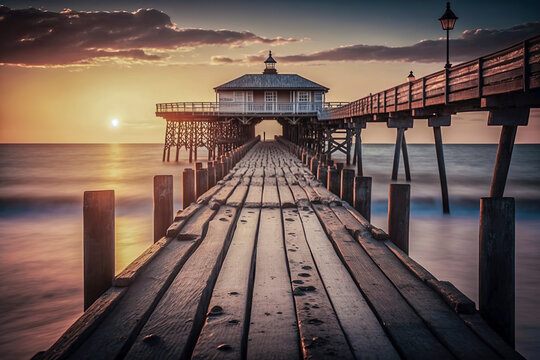 Romantic Seaside Retreat: Mesmerizing Sunset View from a Rustic Wooden Pier