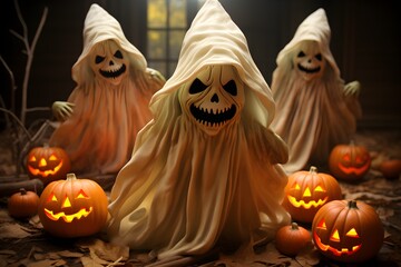 Group of halloween ghosts with jack o lantern carved pumpkins. Halloween, spooky season. Ai generated