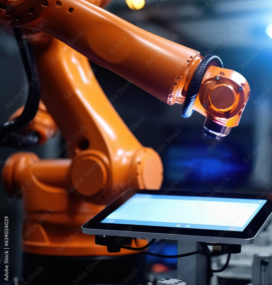 Poster robotic arm working with people in a factory on productions. the concept of helping artificial intel