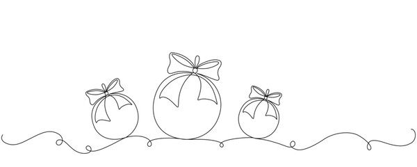 Christmas ball continues one single line hand drawing sketch. Vector stock illustration isolated on white background for design template winter holiday banner, card, invitation. Editable stroke. 