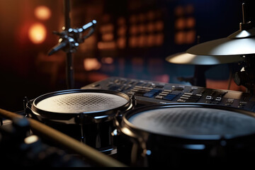 Obraz premium Drums against a dark background, nicely lit before the concert, recording. Generative Ai, Ai.