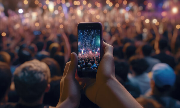 Hand holds phone filming crowd at concert, music star performance. The concept of fans going to concerts. Generative Ai, Ai.