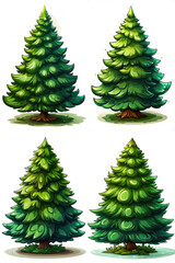 Christmas tree (spruce) illustration, cartoon style, isolated on white background. Variations set. Generative AI