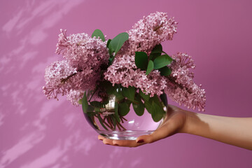 Hand holding a transparent jug with beautiful flowers on a pink background. The concept of the beauty of flowers and home decorations. Generative Ai.