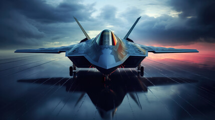 Motion image of Jet F35 Strike Aircraft in the Sky with Dramatic Clouds and Sunrise AI Generated - obrazy, fototapety, plakaty