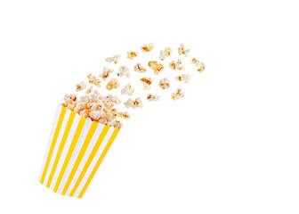 box yellow with popcorn in flight on a white transparent background close-up