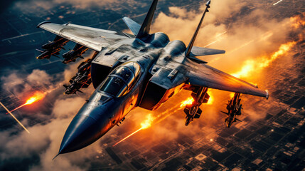 Fierce Fighter Jet in Action A Stunning Photo of a Military Aircraft Flying Over a City AI Generated