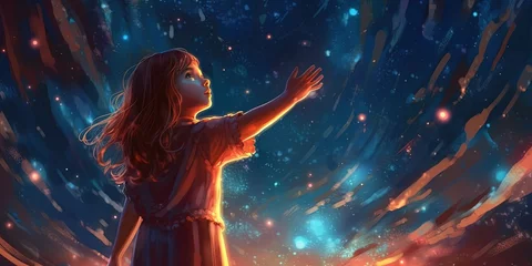 Foto op Plexiglas A young girl standing during the day reaching out to grab a star in the night dimension, digital art style, illustration painting © Coosh448