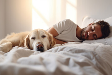 Young man and dog sleeping together in white bed at home