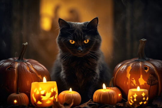 Black cat sitting near candles and pumpkins, halloween scene