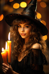 Beautiful woman in a hat as a witch on halloween holds a candle
