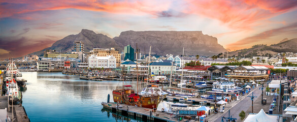 Cape Town V&A Waterfront  - panoramic sunset skyline view of Table Mountain and Harbour  - Iconic Landmarks, Coastal Splendor, Urban Escape. Adventure travel -  South Africa