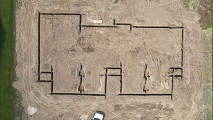 Drone above photo. Element of house family construction site and ready house. wide photo