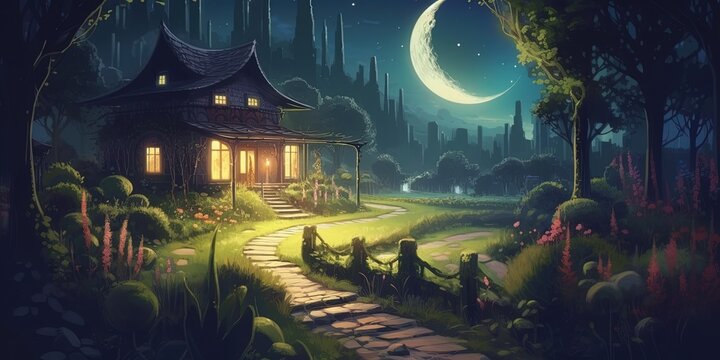 Beautiful landscape of garden at night with big crescent moon, digital art style, illustration painting