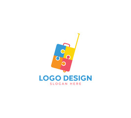 Baby travel bag packing game logo design, Abstract logo design, travel bag packageing design on luxury background. Travel bag with puzzle concept with black background