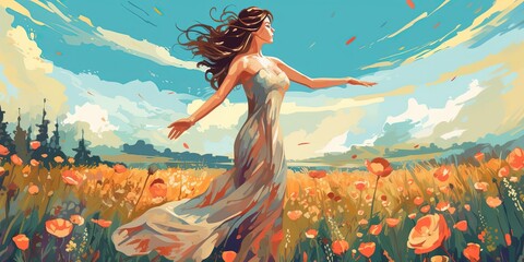 Obraz na płótnie Canvas Beautiful woman standing in the flower field on a summer day, illustration