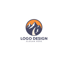 Travel logo design, mountain logo design, river palm tree design on luxury background, sunset concept, travel logo design with black background