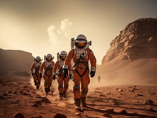 landing astronauts on mars - obrazy, fototapety, plakaty