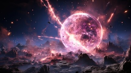 a beautiful cosmic landscape with a pink planet in pink clouds. Pink doll  planet. Pink puppet style, in outer space, pink doll universe