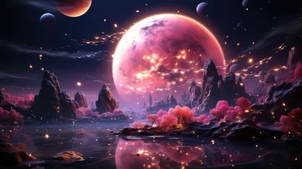 Foto op Plexiglas Fantasie landschap a beautiful cosmic landscape with a pink planet in pink clouds. Pink doll planet. Pink puppet style, in outer space, pink doll universe