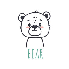 funny bear in  cartoon style. Flat animal. Doodle illustration of bear head for cards, magazins, banners. Vector