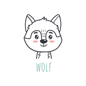 funny wolf in  cartoon style. Flat animal. Doodle illustration of wolf head for cards, magazins, banners. Vector