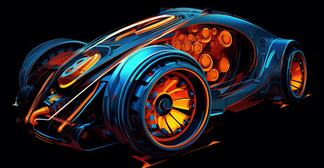 The futuristic design of a fast mini sports car. Colorful design of dark cyan and orange colors. Generative AI