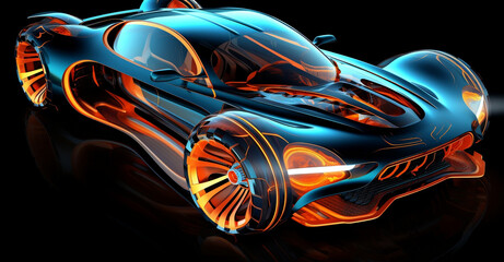 Futuristic electric sports car. Luxury, elegant, and colorful design. Dark cyan and orange. Generative AI.