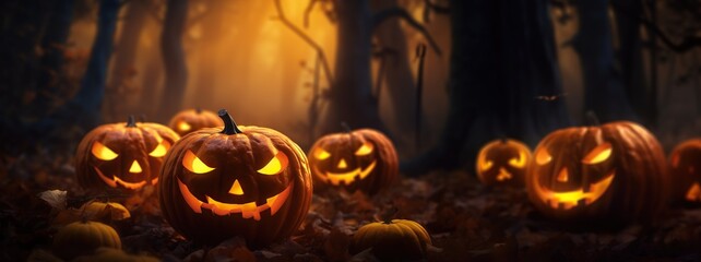 Step into an eerie Halloween night where a spooky forest is illuminated by the warm glow of countless jack-o'-lantern pumpkins