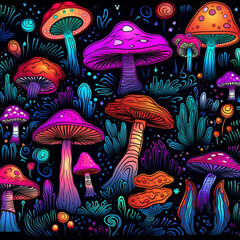Seamless illustration with mushrooms in the forest. Vibrant and colorful psychedelic world of fungi. Generative AI.