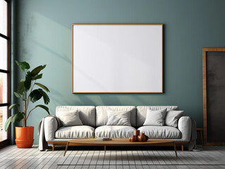 Mock up blank frame on wall. Modern interior background, living room