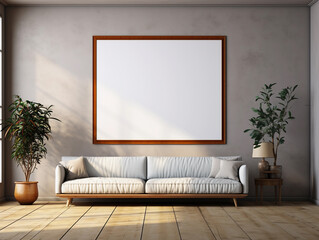 Mock up blank frame on wall. Modern interior background, living room